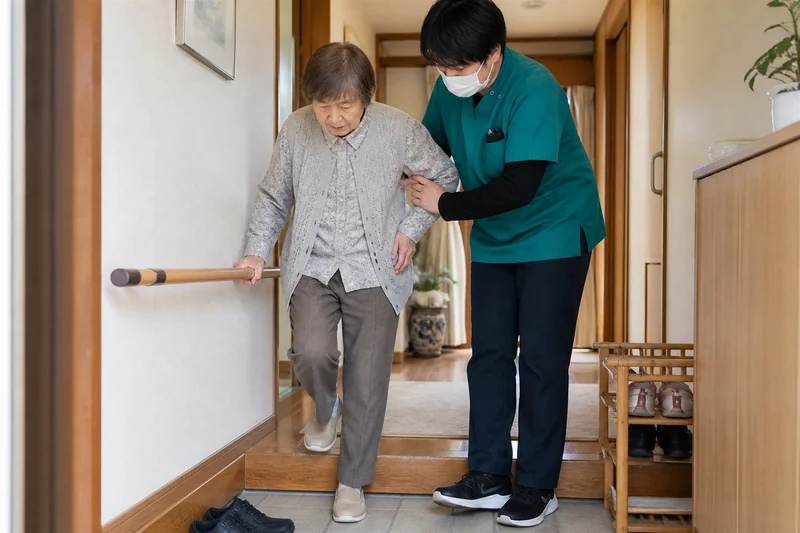 自宅の玄関を想定して段差を越える練習をする様子