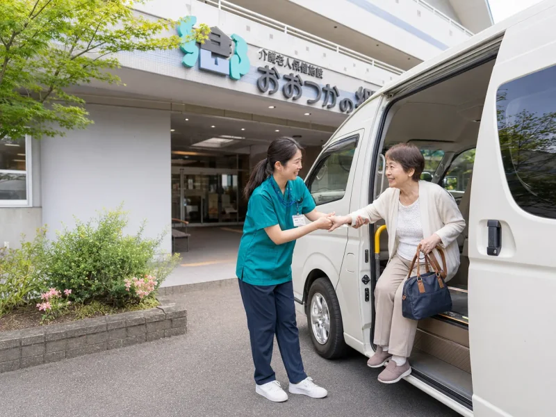 送迎車から降りる利用者を支える職員