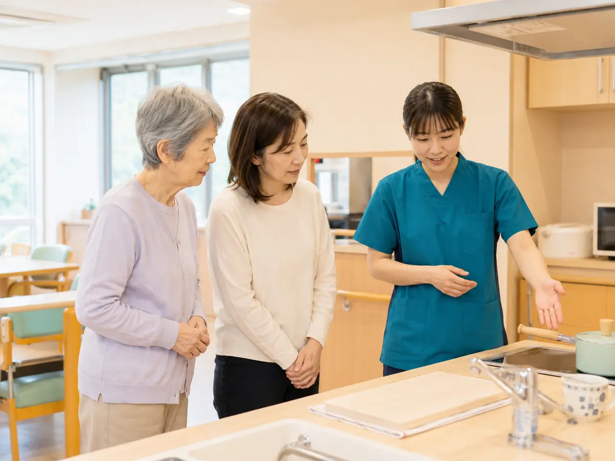 利用者と家族と作業療法士が退所後の暮らしを具体的に話し合う様子