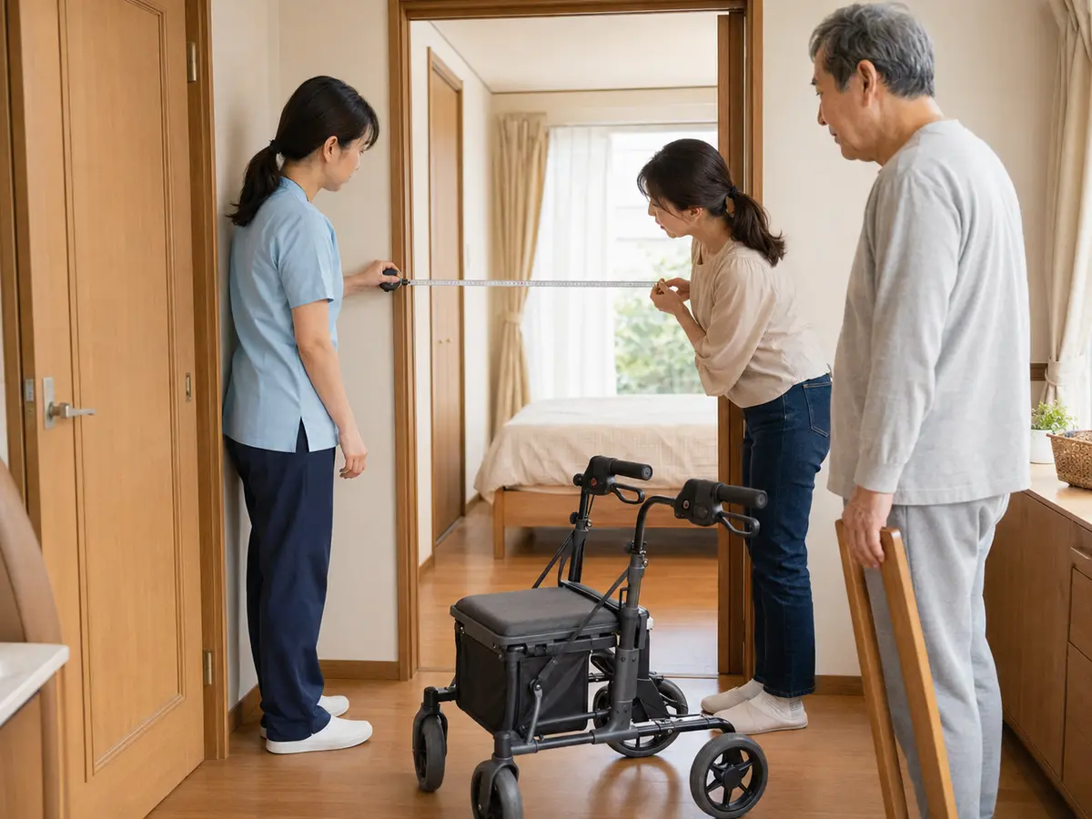 作業療法士と家族が自宅の出入口を測り安全な動線を確認する様子