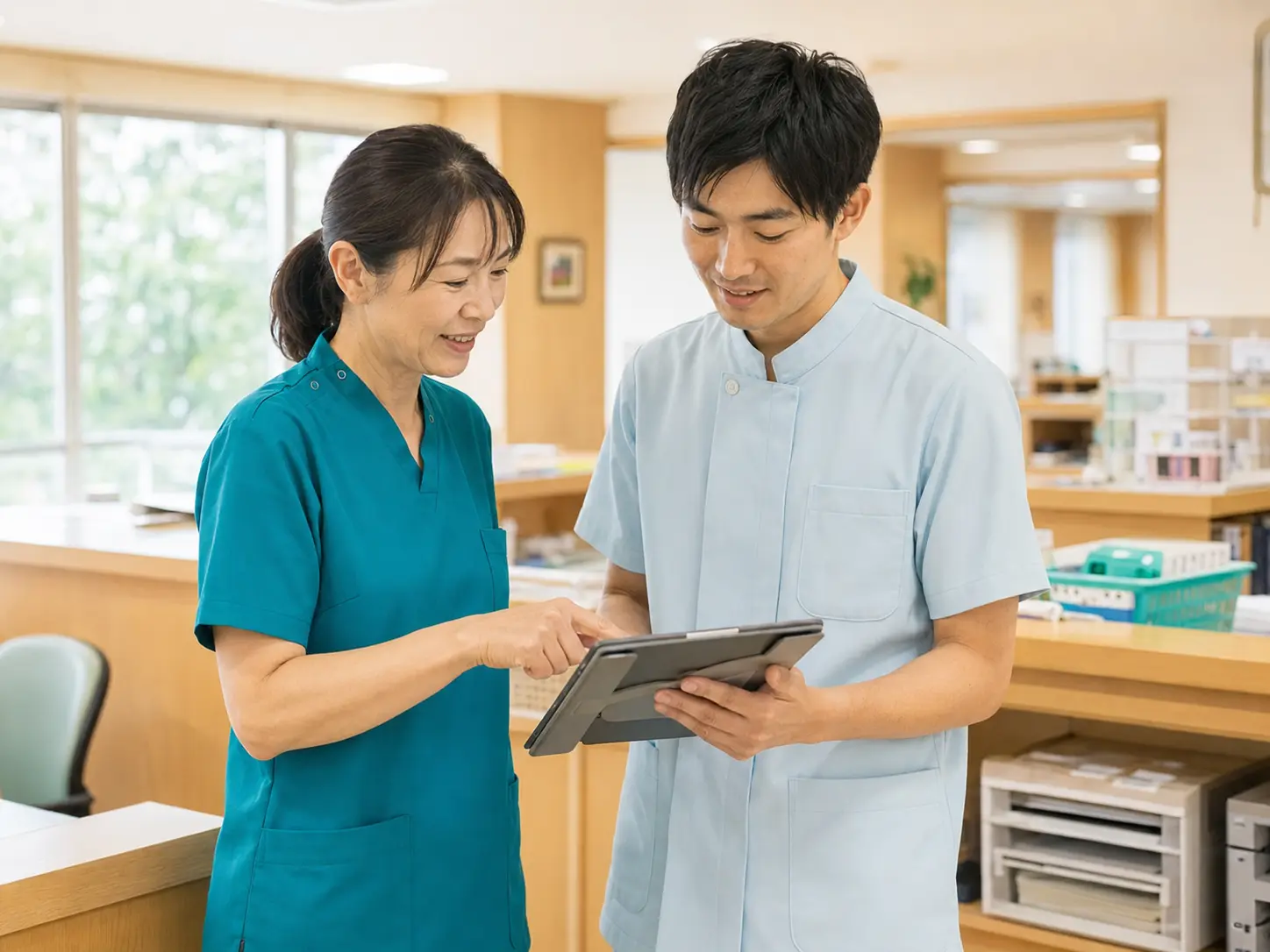 先輩職員が若手職員へ仕事を教える様子