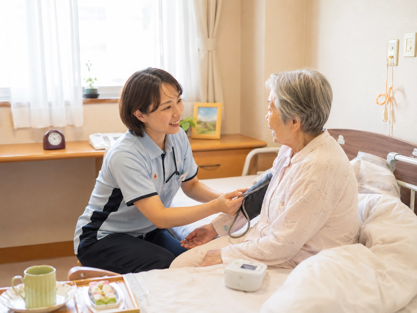 職員が利用者の今の状態や普段の暮らしを丁寧に確認する様子