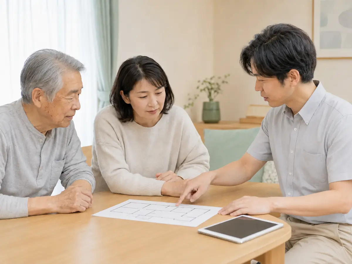利用者と家族と専門職が退所後の生活について相談する様子
