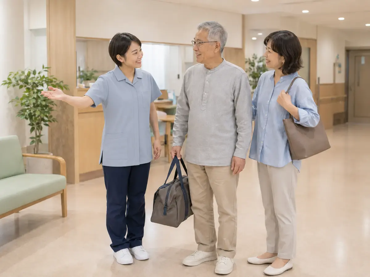 職員が短期利用の利用者と家族を館内で迎える様子