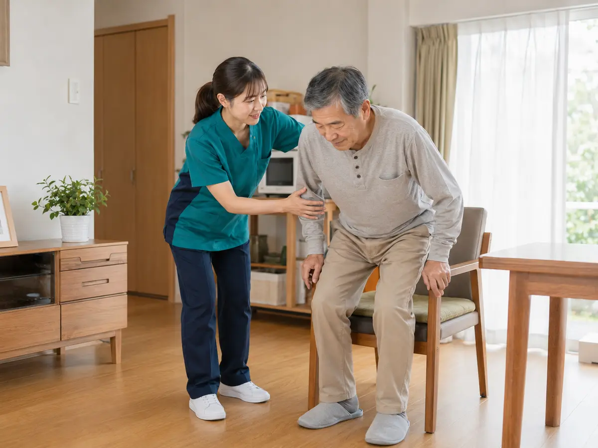 日本の住宅内で療法士が利用者の立ち上がりを支援する様子