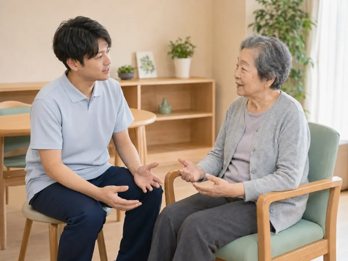 職員が利用者と目線の高さを合わせて話を聞く様子