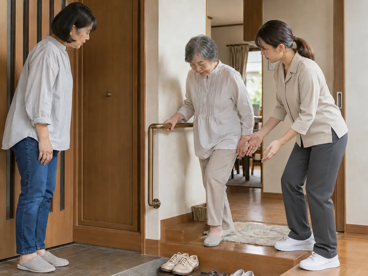 自宅の玄関で家族と療法士が利用者の段差動作を確認する様子